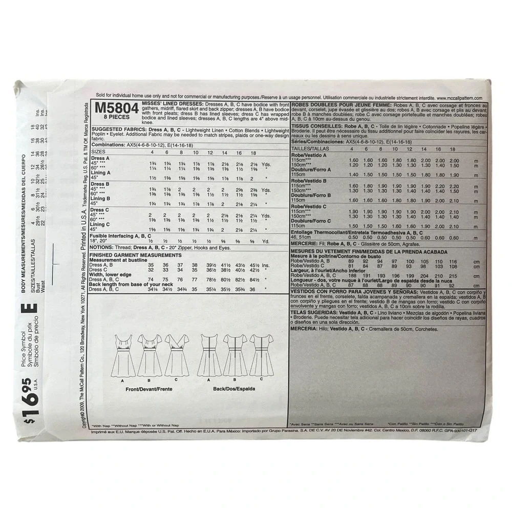 McCALL'S M5804 Misses' Lined Dresses Pattern‎ Size AX5 4-12